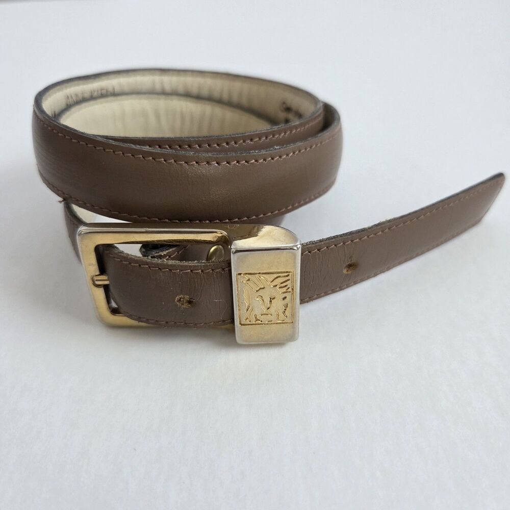 VTG Anne Klein by Calderon Leather Belt M Nude Brown Gold Lion Buckle 27.5-31"
